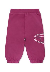 Fleece joggerbroeken in felroze met elastische boorden en tailleband. Heeft een wit logo-graphic op de onderzijde van het linkerbeen.