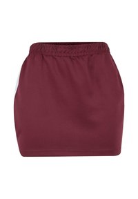 Gonna bordeaux realizzata in tessuto liscio con vita elastica. Presenta un design semplice senza fantasie o accessori.