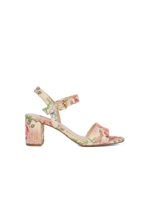 Floral-patterned heeled sandal featuring a beige base, open toe, two front straps, and an adjustable ankle strap with a gold buckle.