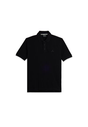 Polo noir en coton, doté d'un col classique, d'une patte de boutonnage à trois boutons et d'un logo discret sur la poitrine gauche. Manches courtes.