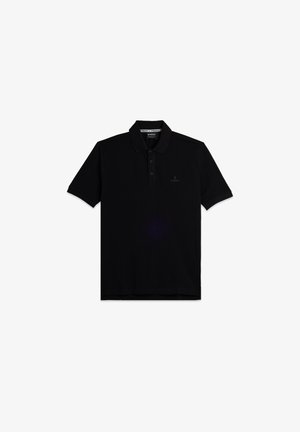 Polo negro de algodón, con un cuello clásico, tapeta de tres botones y un logo sutil en el lado izquierdo del pecho. Mangas cortas.