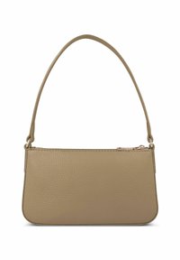 Piccola borsa a tracolla in pelle testurizzata color taupe con una tracolla sottile e curva e una chiusura a cerniera superiore.