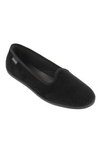 Ballerine in tessuto nero con punta arrotondata e bordo elasticizzato. Presenta una texture morbida e una suola in gomma per una migliore aderenza.