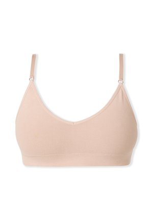 Bralette sans fil beige clair avec un décolleté en V, des bretelles ajustables et une texture lisse et extensible. Sans rembourrage ni armature.