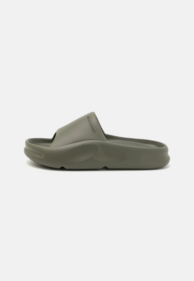 Olive green slip-on slide sandal with contoured sole and wide strap embossed with brand name on plain white background.