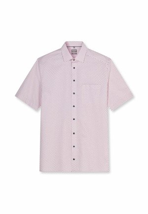 Lichtroze blouse met korte mouwen, klein donker stippenpatroon en een opgevouwen kraag, plat uitgespreid op een witte achtergrond.