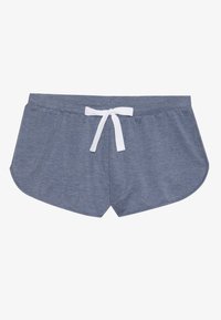 Graue Baumwollmischung-Shorts mit einer weißen Kordel, die einen lässigen Schnitt und einen abgerundeten Saum aufweisen. Glatte Textur und minimales Design.