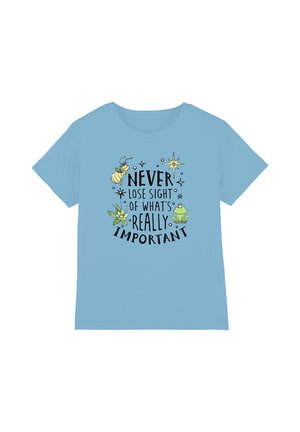 Blue t-shirt with text "Never lose sight of what's really important" surrounded by illustrations of a bee, flower, frog, and stars.