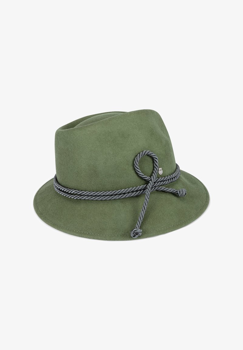Green felt hat with a wide brim, featuring a gray twisted rope band tied in a knot as a decorative accent. Smooth texture and structured shape.