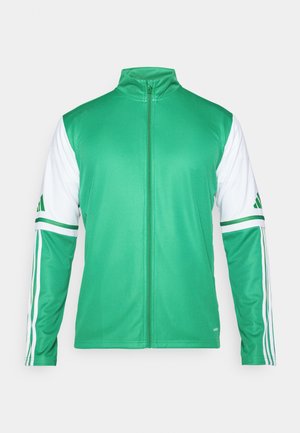 Groene ritssluitingjack gemaakt van gladde stof, met witte mouwen met drie groene strepen en een staande kraag.