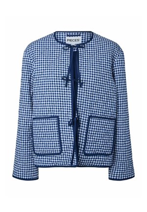 Sinine-valge ruuduline tikandiga jope, pikkade varrukatega, ümmarguse kaelusega, esitaskutega ja kolme tumesinise nööriga kinnitusega.