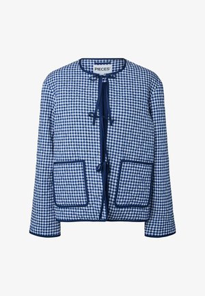 Sinine-valge ruuduline tikandiga jope, pikkade varrukatega, ümmarguse kaelusega, esitaskutega ja kolme tumesinise nööriga kinnitusega.