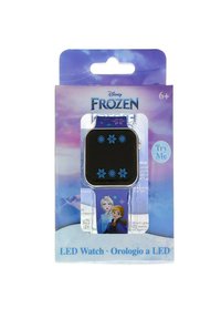 Montre LED Disney Frozen avec un cadran noir, des graphiques de flocons de neige bleus, un bracelet violet orné d'illustrations de personnages. Emballée dans un fond coloré.