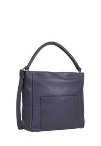 Borsa a tracolla in pelle blu navy con forma strutturata, manico superiore e tasca frontale. Finitura testurizzata e tracolla removibile.