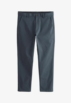 Hosen aus Baumwollmischung in Dunkelgrau, mit flachem Vorderteil, zwei Seitentaschen und einem Reißverschluss mit Knopfverschluss. Sanfte Textur und schmal geschnitten.