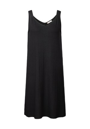 Schwarzes, geripptes, ärmelloses Kleid mit V-Ausschnitt und breiten Trägern, das für eine lockere Passform konzipiert ist. Glatte Textur und fließende Silhouette.