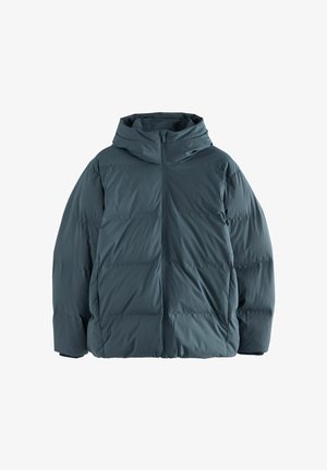 Giacca invernale imbottita di colore grigio scuro con cappuccio, zip frontale e maniche lunghe, progettata per offrire calore e protezione nelle condizioni climatiche fredde.