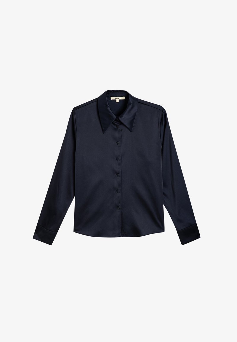 Navy blue satin shirt with long sleeves, pointed collar, and full button-down front. Smooth texture with a relaxed fit and minimal design.