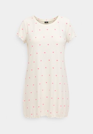 Short-sleeve nightdress in cream with a ribbed texture, featuring small pink heart patterns throughout and a scalloped hemline.