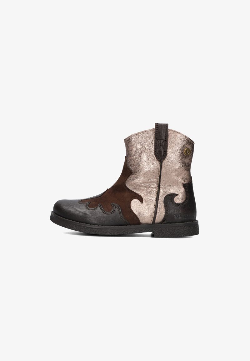 Brown and metallic leather ankle boot with a wavy design, contrasting textures, stitched detailing, and a pull tab at the back.