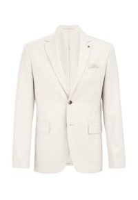 Helles beigefarbenes Blazerjacke aus strukturiertem Stoff, mit Ein-Knopf-Verschluss, Reverskragen, seitlichen Taschen und einem dekorativen Taschentuch.