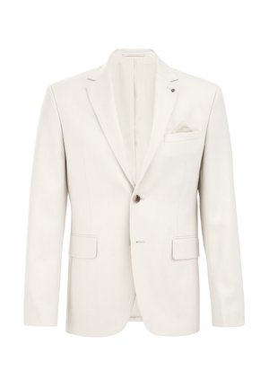 Light beige blazer with a textured fabric, single button closure, notch lapels, side pockets, and a decorative pocket square.