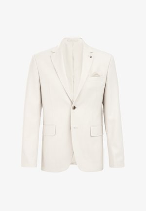 Svetlo bež blazer iz teksturirane tkanine, z enim gumbom za zapiranje, z navzvenimi reverji, stranskimi žepi ter dekorativnim žepnim kvadratom.