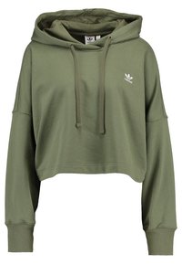 Olive green cropped hoodie made of soft cotton material, featuring a drawstring hood and embroidered white logo on the chest.