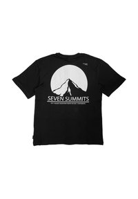 Schwarzes Baumwoll-T-Shirt mit einem großen weißen Berggrafik und dem Text "SEVEN SUMMITS". Kurze Ärmel, Rundhalsausschnitt-Design, weiche Textur.