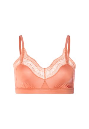 Bralette rose corail avec bordure en dentelle transparente sur le dessus, bretelles fines ajustables et bonnets doux sans armatures.