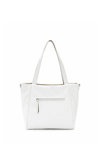 Bolso tote blanco fabricado con material sintético texturizado. Cuenta con dos asas y un bolsillo con cremallera en la parte frontal para almacenamiento adicional.