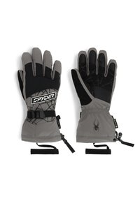 Gants d'hiver gris avec des accents noirs, dotés d'une paume texturée, d'une sangle de poignet ajustable et d'un logo d'araignée. Design imperméable et isolé.