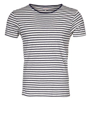 Biała koszulka z krótkim rękawem z cienkimi granatowymi poziomymi paskami i małymi, wielokolorowymi kropkami, z okrągłym dekoltem, dopasowanego kroju.