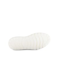 Witte rubberen schoenenzool met een gestructureerd patroon, cirkelvormige grip en merkdetail. Heeft een lichte kromming bij de hak en een platte voorkant.