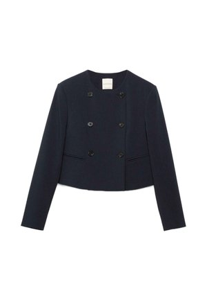 Blazer doppiopetto cropped blu navy con sei bottoni neri e maniche lunghe, mostrato disteso su sfondo bianco.