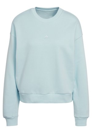 Sweat-shirt bleu clair à col rond, poignets et ourlet côtelés, avec un logo Adidas tonal subtil sur la poitrine.