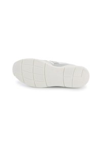 Semelle de sneaker blanche avec un caoutchouc texturé pour l'adhérence, dotée d'un design à motifs et d'un profil à lacets pour le soutien et la traction.