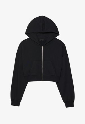Haut à capuche noir court avec fermeture éclair à l'avant, grande capuche et poche avant. Fabriqué en tissu doux et texturé avec des poignets côtelés. Design simple.