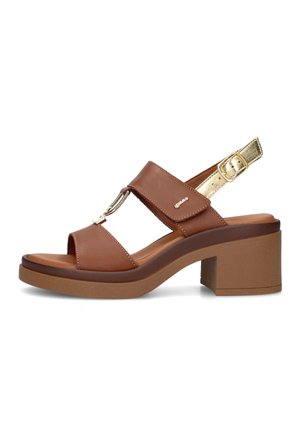 Sandalo marrone in pelle con punta aperta, tacco a blocco, cinturino alla caviglia con fibbia dorata e ferratura decorativa color oro sulla fascia anteriore.