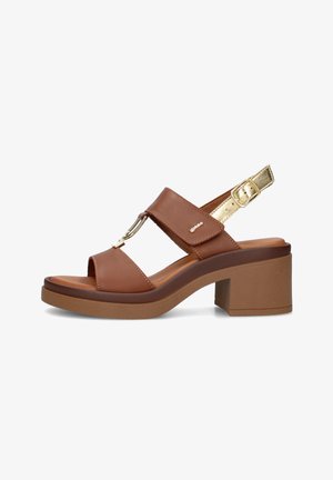 Sandalo marrone in pelle con punta aperta, tacco a blocco, cinturino alla caviglia con fibbia dorata e ferratura decorativa color oro sulla fascia anteriore.