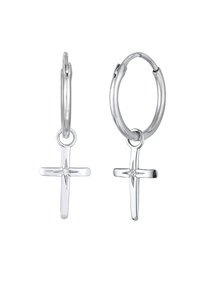 Silverfärgade ringörhängen med hängande korsberlocker. Designen har en polerad yta med en subtil stjärndetalj på korset.