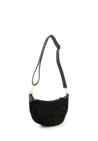 Black suede handbag with a half-moon shape, featuring a gray leather strap and gold hardware accents. Zipper closure at the top.