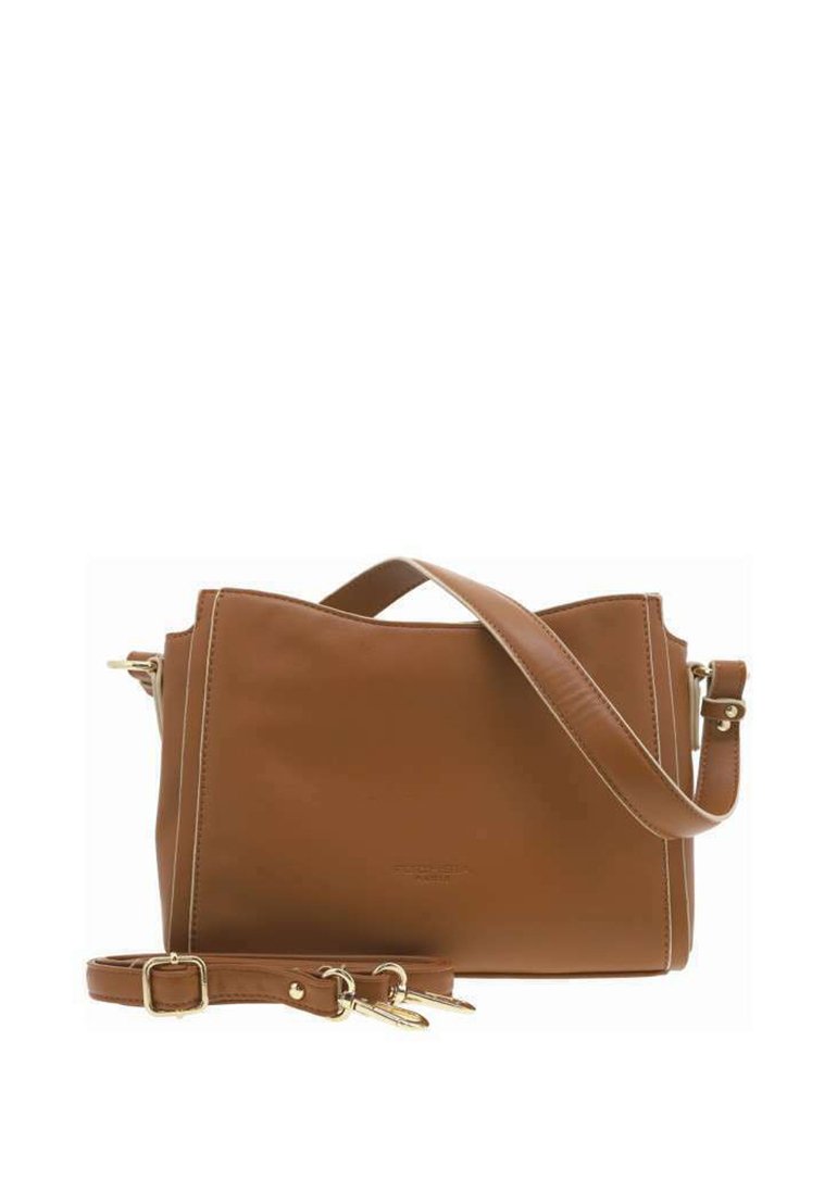 Sac à main en cuir marron au design structuré, avec une poignée supérieure et une bandoulière réglable. Accents en métal doré et texture lisse.