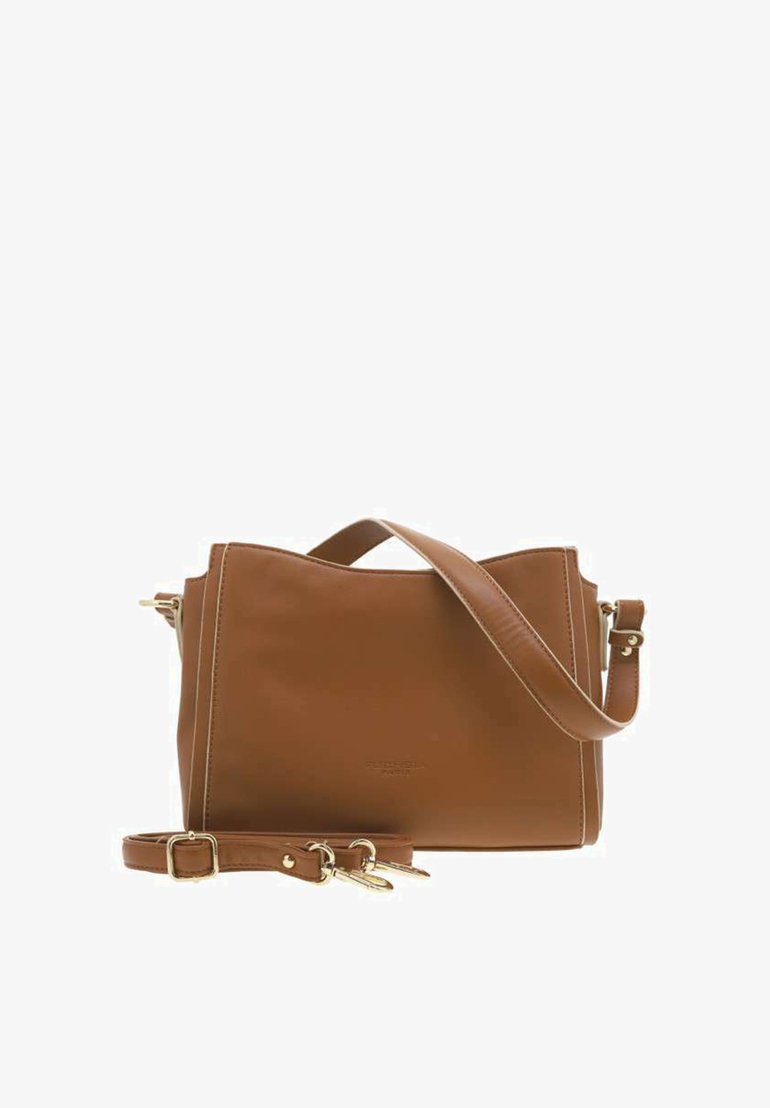 Sac à main en cuir marron au design structuré, avec une poignée supérieure et une bandoulière réglable. Accents en métal doré et texture lisse.