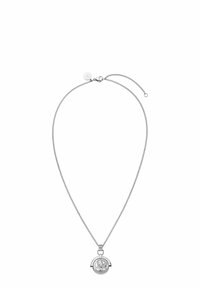 Zilveren ketting met een gestructureerde, ronde pendant met een profielontwerp. De ketting is delicaat met een karabijnslot en verstelbare lengte.