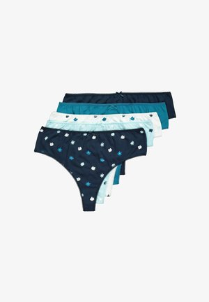 Five pairs of women's briefs in varying shades of blue. The dark navy features floral embroidery; others are solid colors with decorative edges.