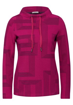 Fuchsia hættejakke med høj krave, prydet med et geometrisk sort linjemønster. Indeholder justerbare snore og ribbet stofstruktur.