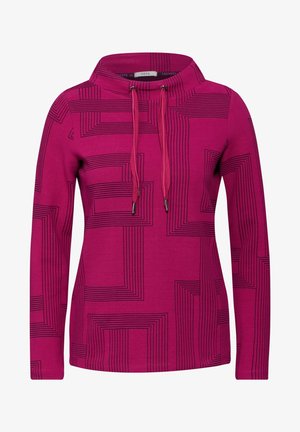 Fuchsia hoodie met een hoge kraag, voorzien van een geometrisch zwart lijnpatroon. Inclusief verstelbare trekkoorden en ribbelstof textuur.