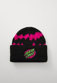 Bonnet en tricot noir avec un rebord replié, motif en rayures jaguées roses, et logo "Santa Cruz" vert sur un fond rose à l'avant.