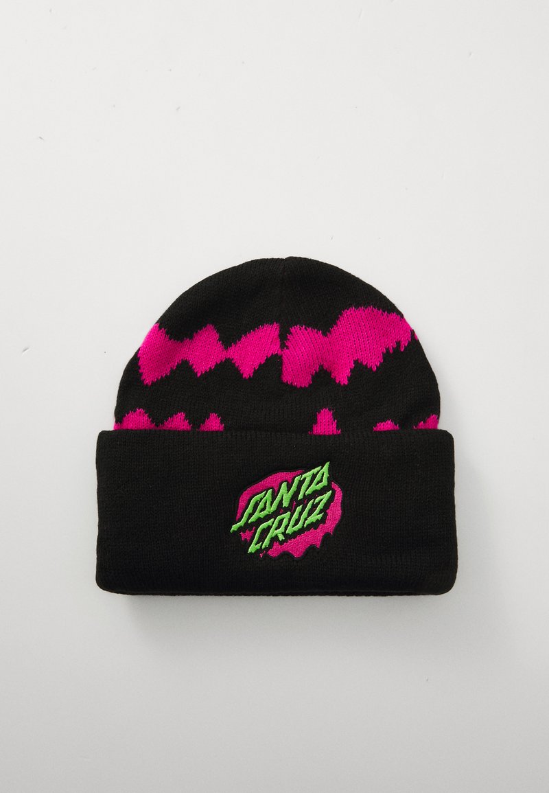 Bonnet en tricot noir avec un rebord replié, motif en rayures jaguées roses, et logo "Santa Cruz" vert sur un fond rose à l'avant.
